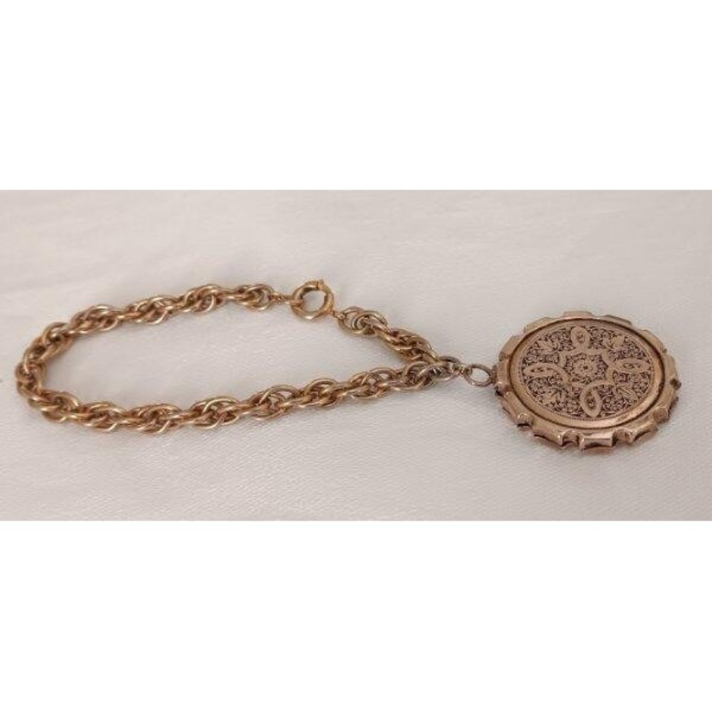 Early Vintage Charm Bracelet Ornate Gold Plate Pendant Double Link